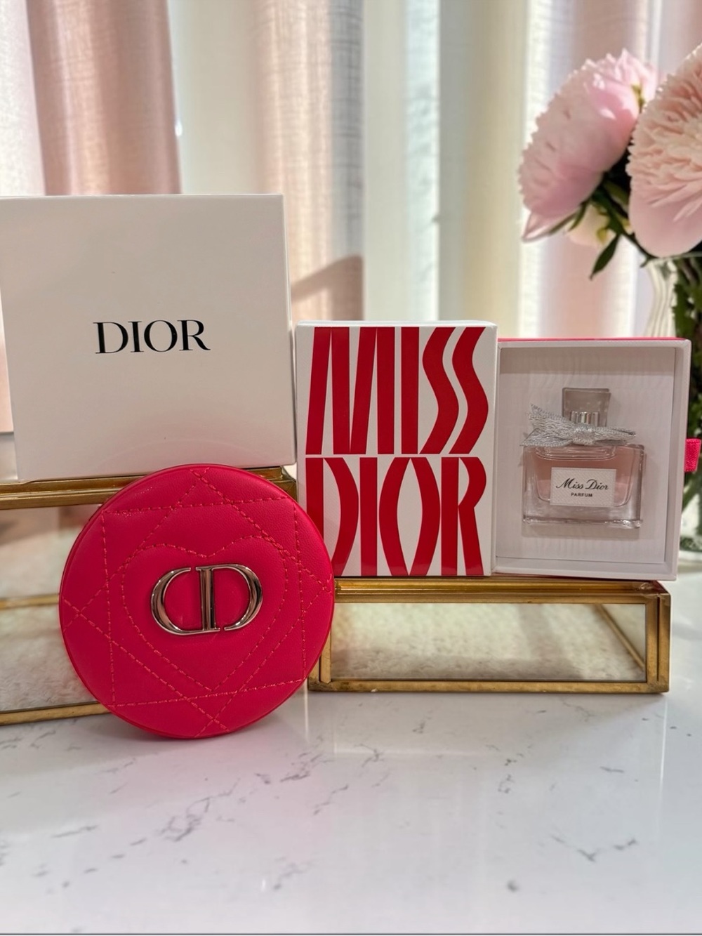 Dior Pink Quilted Compact Mirror & Miss Dior Mini Perfume L.Edition Gift Box NIB